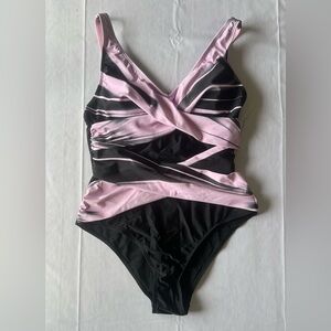 Pink and Black Twist Front One-Piece Swimsuit